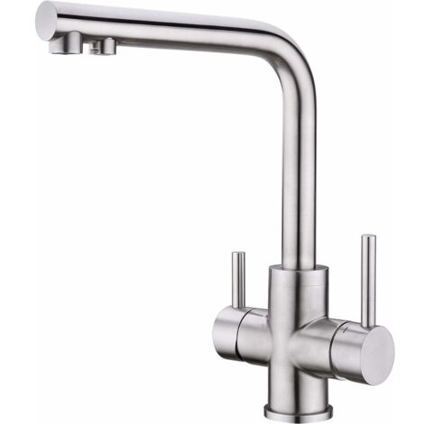 Rubinetto Cucina 3 Vie, Rubinetto Cucina 3 Vie Girevole 360°, t Lavello Cucina Acqua Potabile, Batteria Cucina con Uscita Acqua Filtrata, Acciaio Inox