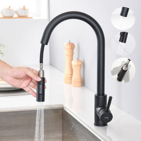 LONHEO Rubinetto Cucina con Doccetta Estraibile 40CM Acciaio Inossidabile Nero 2 Funzioni Miscelatore Monocomando Soffione doccia girevole Per Lavello con Girevole a 360 e Acqua Fredda e Calda