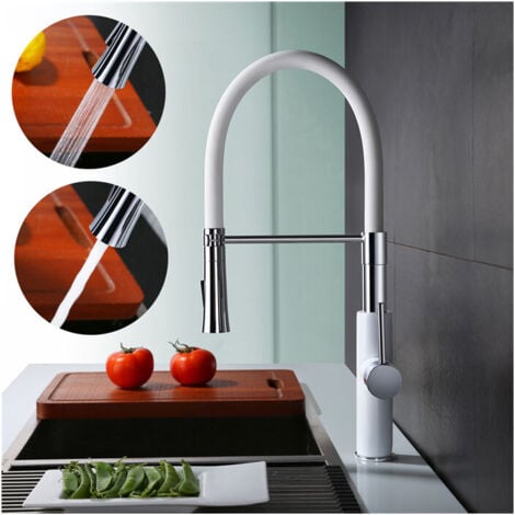 Rubinetto Cucina Con Miscelatore Bianco Doccetta Per Lavello Portata Variabile Braccio Alto Girevole Tubo In Silicone