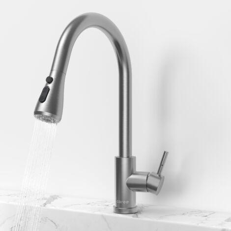 Rubinetto Cucina Coree Miscelatore Cucina Collo di Cigno Lucidato a Spazzola Cannella Estraibile Rotazione 360° Lavello in Acciaio Inossidabile 304 2 Modalità