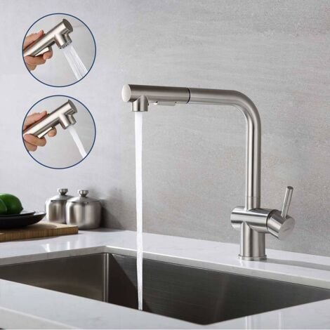 LONHEO MAX Rubinetto Cucina Doccetta Estraibile 40cm con 2 Funzioni Girevole a 360 Acciaio Inossidabile 7-Form Miscelatore Monocomando per Lavello con gorgogliatore removibile Spazzolato