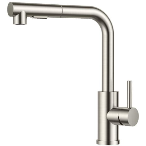 Rubinetto Cucina, Miscelatore con Doccetta Estraibile, 2 Modalità di Spray e Girevole a 360°, Design a L in Acciaio Inossidabile Monocomando