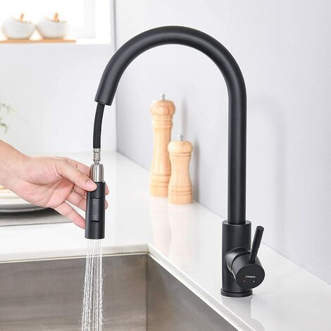 Rubinetto cucina nero con doccetta estraibile e 2 modalità di getto Bocca alta orientabile a 360° Rubinetto lavabo Miscelatore cucina in acciaio inox Acqua calda e fredda regolabile