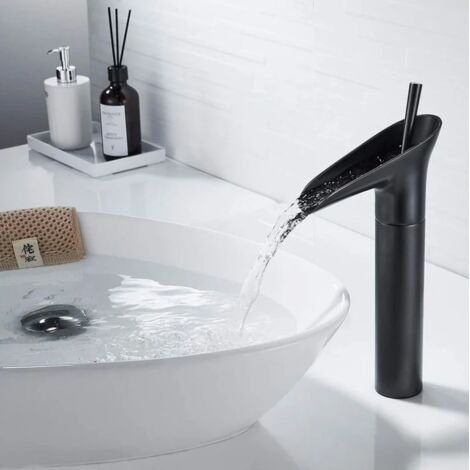 Rubinetto da bagno a cascata, rubinetto da bagno nero con acqua calda e fredda, rubinetto per lavabo a cascata, elegante rubinetto per lavabo in ottone (finitura anticata)
