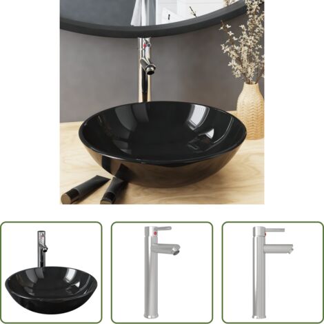 Rubinetto da bagno -  Lavandino Bagno con Rubinetto e Piletta in Vetro Temperato Nero