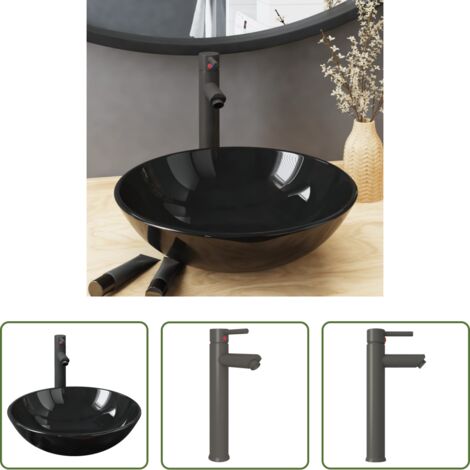 Rubinetto da bagno - Lavandino Bagno con Rubinetto e Piletta in Vetro Temperato Nero