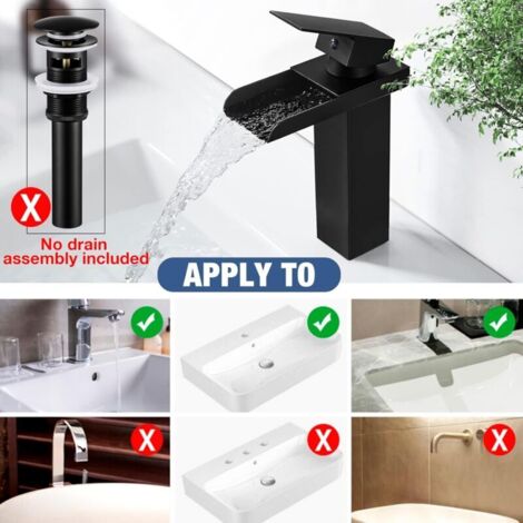 Rubinetto da bagno moderno a cascata nero, rubinetto per lavabo a cascata, rubinetto per lavabo con beccuccio alto 140 mm, rubinetto da bagno in ottone, acqua calda e fredda disponibili.
