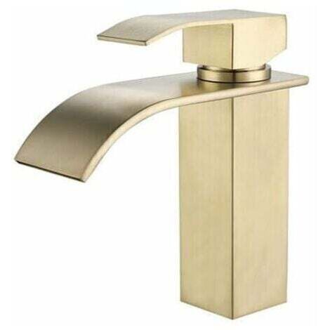 Rubinetto da bagno moderno con cascata dorata e miscelatore regolabile per acqua calda e fredda.