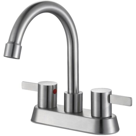 Rubinetto da bagno moderno con interasse di 4 pollici, a due fori per acqua calda e fredda.