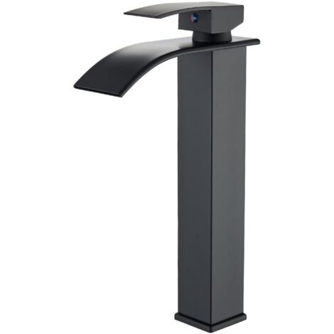 Rubinetto da bagno moderno, monocomando con getto a cascata, nero, ottone, acqua calda e fredda.