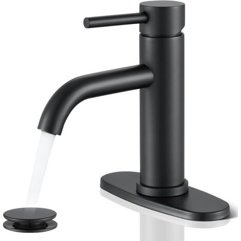 Rubinetto da bagno nero, monoforo con scarico a molla e tubo flessibile.
