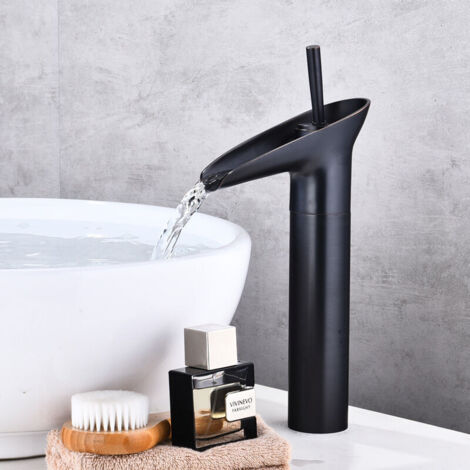 Rubinetto da bagno nero, rubinetto a cascata, miscelatore monocomando per lavabo nero in stile retrò, rubinetto da bagno alto in ottone per piano di lavoro, rubinetto per lavabo, rubinetto per lavandi