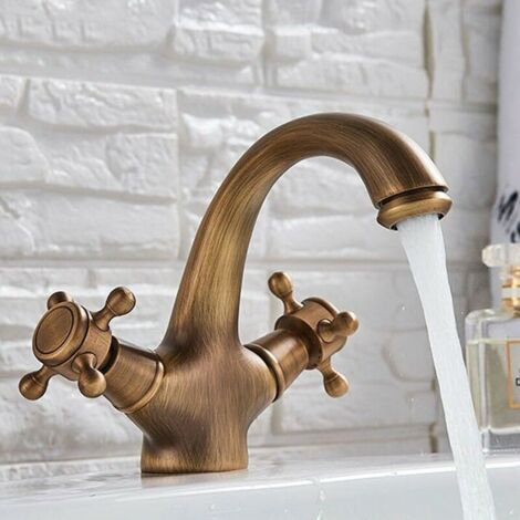 Rubinetto da bagno retrò, stile vintage in ottone anticato, doppio controllo