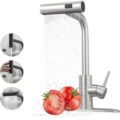 Rubinetto da cucina a cascata, miscelatore da cucina girevole a 360° con doccetta estraibile, alta pressione con leva singola e 3 modalità di getto, acciaio inossidabile