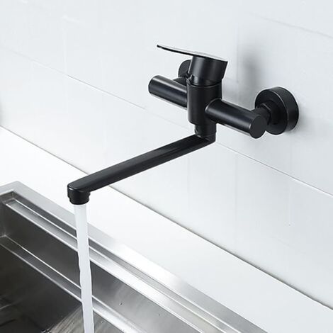 Rubinetto da cucina a parete, con beccuccio girevole a doppio foro, in acciaio inox, adatto per acqua calda e fredda, colore nero.