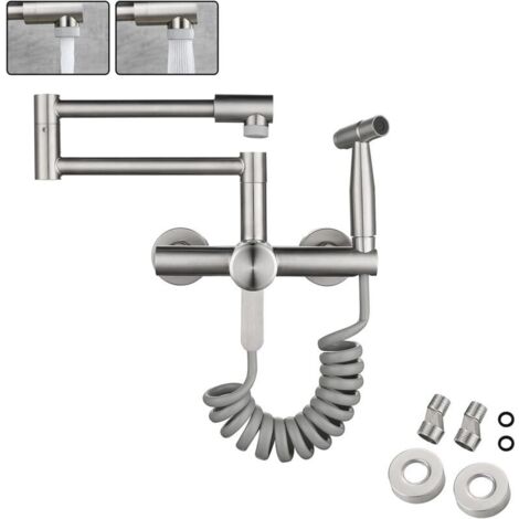 Rubinetto da cucina a parete FOREHILL, cassetto in acciaio inossidabile per uso alimentare 304 con pistola a spruzzo e 2 tipi di getto d'acqua, miscelatore a parete girevole a 360° (13 cm-17 cm)