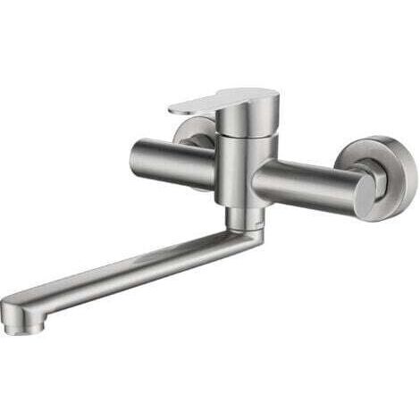 Rubinetto da cucina a parete, miscelatore da cucina a parete in acciaio inox, lavello da cucina girevole a 360°, acqua calda e fredda regolabile, fori di montaggio spazzolati regolabili