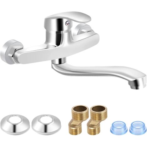 Rubinetto da cucina a parete, rubinetto girevole a 360° in acciaio inox con portata 25 cm, miscelatore monocomando caldo/freddo, attacco G1/G2/G3/G4.