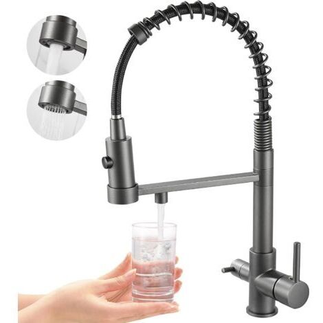 Rubinetto da cucina a tre vie, rubinetto da cucina estraibile, rubinetto per lavello in ottone, miscelatore con filtro acqua 3 in 1 (grigio)