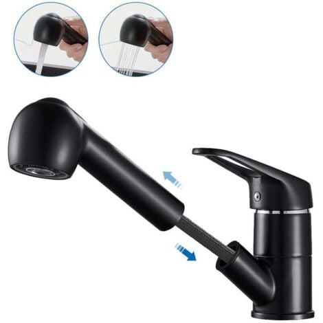 ZVD Rubinetto da cucina Auralum nero con doccetta estraibile da 50 cm, miscelatore da cucina a 2 getti, acqua calda e fredda, miscelatore per lavello da cucina