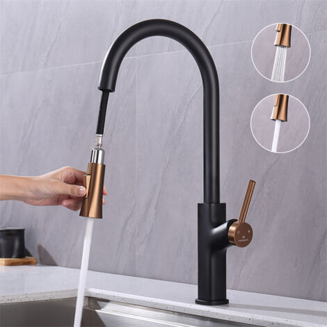 Rubinetto da Cucina con Doccetta Estraibile Miscelatore da Cucina Bocca Girevole Rubinetto Lavello 2 Getti Tra Cui Scegliere Rubinetti da Cucina Design Moderno Nero e Oro