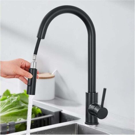 Rubinetto da cucina con doccetta estraibile, miscelatore da cucina con bocca girevole a 360°, tubo flessibile con 2 modalità di spruzzo, rubinetto a collo di cigno, nero, acciaio inossidabile
