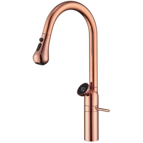 Rubinetto da cucina con doccetta estraibile, miscelatore da cucina con display della temperatura a LED e spruzzatore estraibile a 3 modalità, rubinetto per lavello ad arco alto ruotabile a 360°, oro r