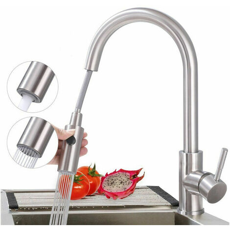 Rubinetto da cucina con doccetta estraibile Miscelatore per lavello girevole a 360° Miscelatore per lavello da cucina in acciaio inox spazzolato con 2 getti a scelta