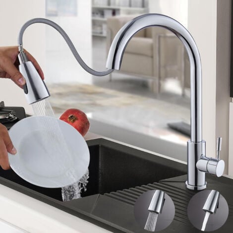 Rubinetto da cucina con rotazione a 360°, SDLOGAL, con doccetta estraibile, Rubinetto per lavello, Disponibile caldo e freddo, Rubinetti da cucina per camper, Cromo