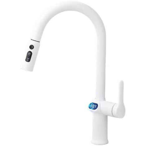 Rubinetto da cucina digitale con display LED della temperatura, doccetta estraibile, rotazione a 360°, tre modalità di getto e funzione di miscelazione acqua calda/fredda.