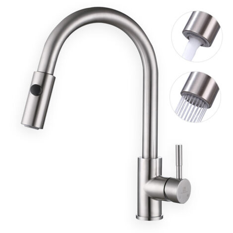 Rubinetto da cucina estraibile 360° girevole, miscelatore ad alta pressione con 2 getti, acciaio inossidabile spazzolato, moderno rubinetto lavello cucina
