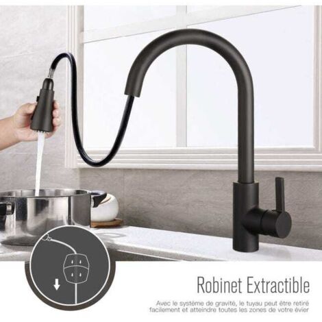 Rubinetto da cucina estraibile in acciaio inox, 3 modalità di getto, miscelatore girevole a 360° per cucina o bagno, nero