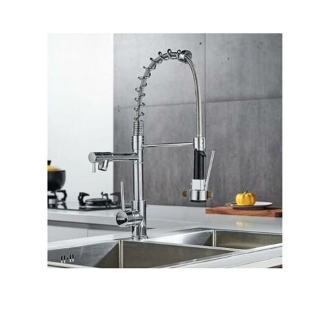 Rubinetto da cucina girevole a 360°, rubinetto da cucina in ottone cromato, miscelatore da cucina a doppio getto con getto flessibile argento