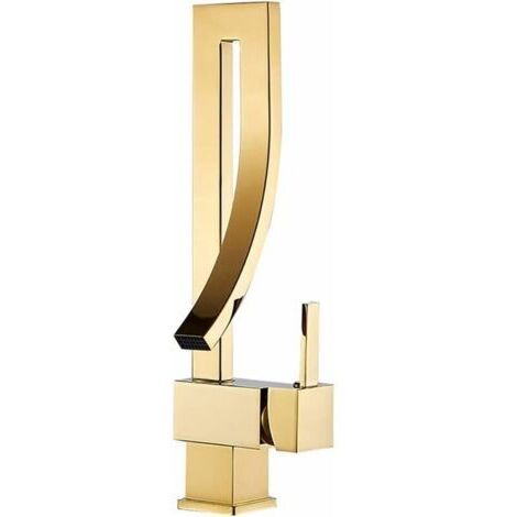 Rubinetto da cucina girevole in ottone dorato per lavabo da piano, acqua calda e fredda, effetto cascata.