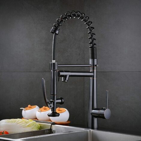 Rubinetto da cucina nero Ineasicer con doccetta estraibile, 2 funzioni, bocca girevole a 360°, rubinetto a molla in ottone, rubinetto per lavello