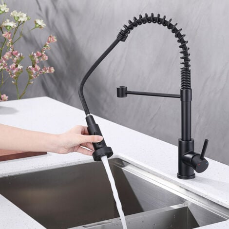 Rubinetto da cucina nero Rubinetto da cucina a molla Miscelatore per lavandino ad alto arco doccetta estraibile con 2 modalità acciaio inossidabile