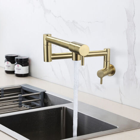 Rubinetto da cucina telescopico pieghevole, doppia maniglia girevole, rubinetto singolo per acqua fredda a parete, finitura oro spazzolato.