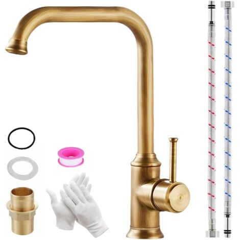 Rubinetto da cucina vintage in ottone anticato, miscelatore per lavello da cucina retrò in bronzo, miscelatore da cucina girevole a 360° con maniglia singola e tubo di alimentazione dell'acqua G3/8"