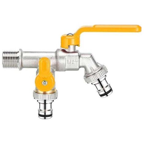 Rubinetto da giardino in ottone da 1/2", doppia uscita e doppia testa, 1/2 x 3/4 x 3/4 [filettatura estesa gialla a 4 punte]