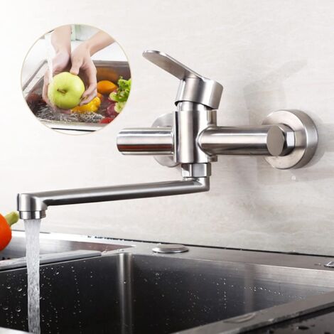 Rubinetto da parete girevole in acciaio inox, rubinetto da cucina, miscelatore monocomando a leva fredda e calda, montaggio a parete, 28 cm, braccio girevole a 360°, spazzolato, argento