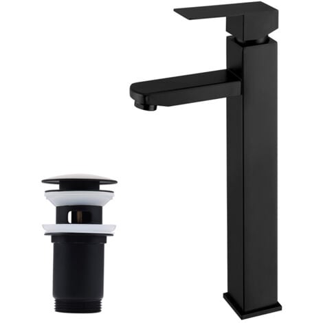 Rubinetto del lavabo nero con tappo per lavabo, miscelatore per lavabo in acciaio inox e tappo con troppopieno automatico