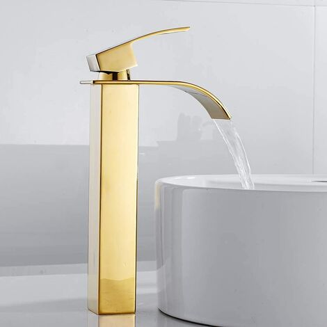 Rubinetto del lavandino del bagno bocca a cascata alta per lavabo, moderno miscelatore quadrato cromato monoforo per acqua fredda e calda (oro)