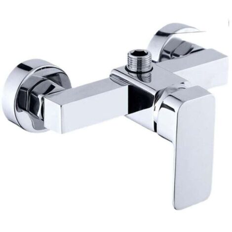 Rubinetto doccia moderno cromato a parete con miscelatore per acqua calda e fredda.