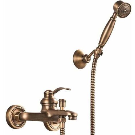 Rubinetto doccia/vasca in ottone vintage - Miscelatore a due fori a parete con doccetta e maniglia, per un bagno elegante.