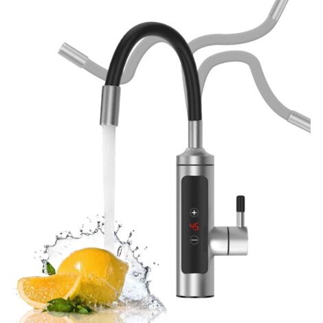 Rubinetto elettrico in acciaio inox con display LCD della temperatura e beccuccio flessibile girevole a 360°.