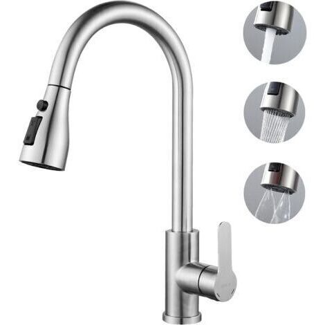 Rubinetto estraibile in acciaio inox, 3 tipi di getto, miscelatore da cucina girevole a 360°, rubinetto da cucina con doccetta estraibile