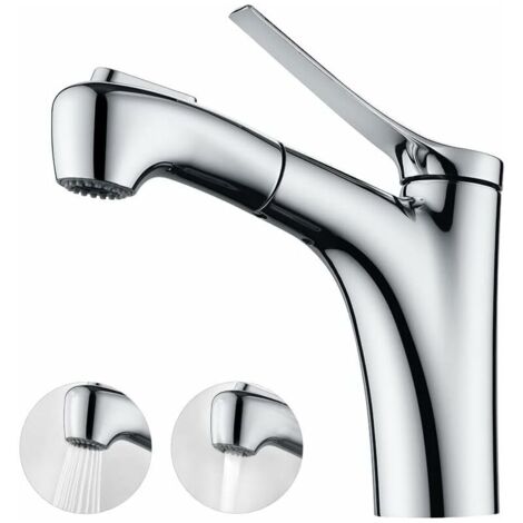 Rubinetto estraibile per bagno con doppia modalità di flusso dell'acqua, doccetta, miscelatore monocomando per lavabo, cromato