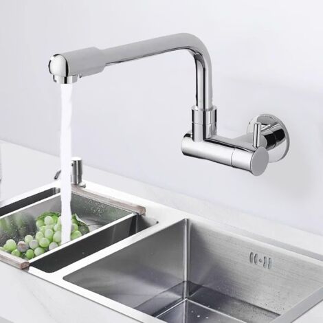Rubinetto girevole a 360 gradi, rubinetto per lavello da cucina a parete, rubinetto singolo per acqua fredda in rame, argento o nero (Argento)