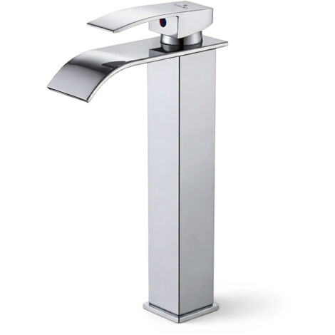 Rubinetto lavabo alto a cascata cromato da appoggio miscelatore bagno EVIO