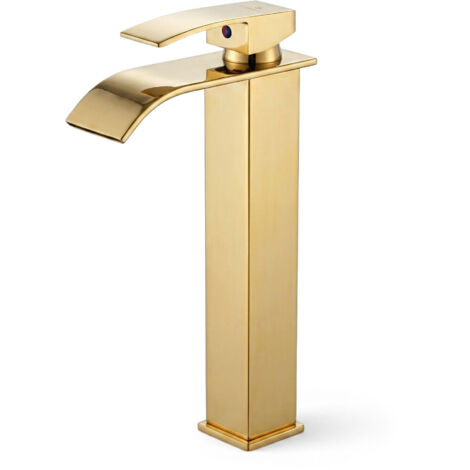 Rubinetto lavabo alto a cascata oro da appoggio miscelatore bagno EVIO